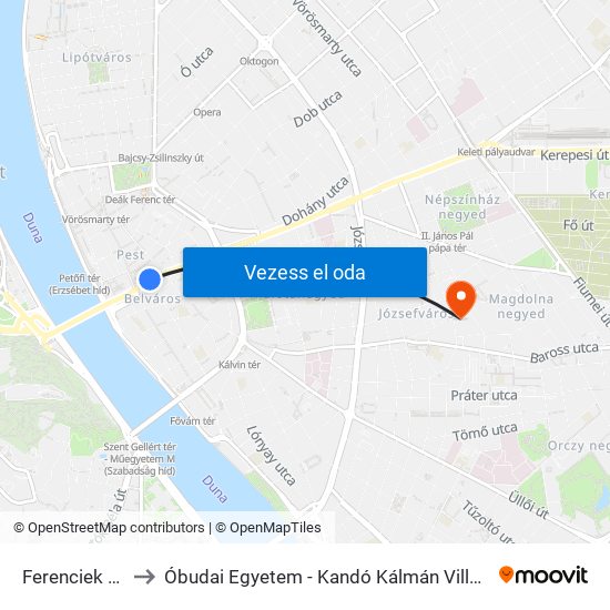 Ferenciek Tere M to Óbudai Egyetem - Kandó Kálmán Villamosmérnöki Kar map