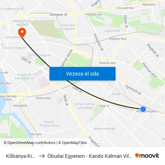 Kőbánya-Kispest M to Óbudai Egyetem - Kandó Kálmán Villamosmérnöki Kar map