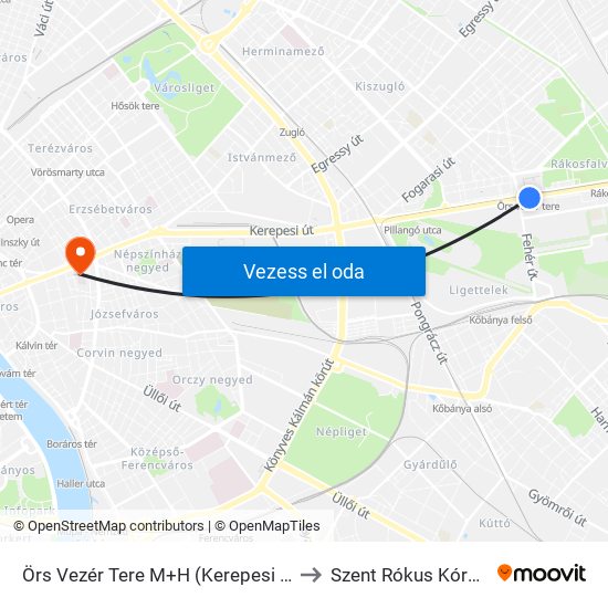 Örs Vezér Tere M+H (Kerepesi Út) to Szent Rókus Kórház map