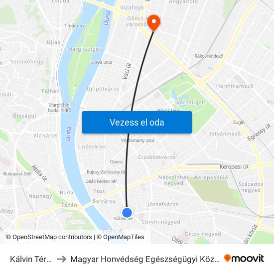 Kálvin Tér M to Magyar Honvédség Egészségügyi Központ map