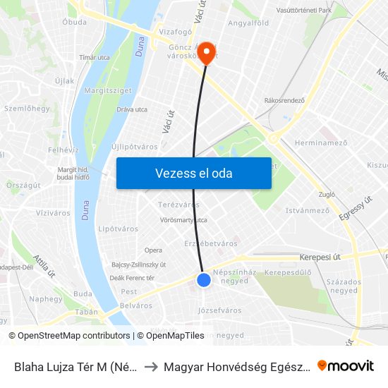 Blaha Lujza Tér M (Népszínház Utca) to Magyar Honvédség Egészségügyi Központ map