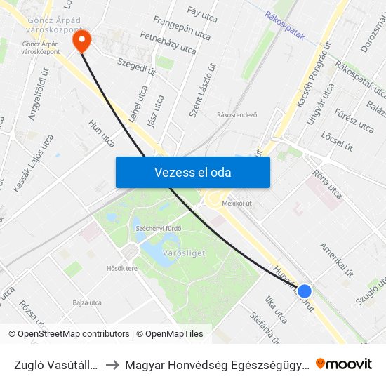 Zugló Vasútállomás to Magyar Honvédség Egészségügyi Központ map