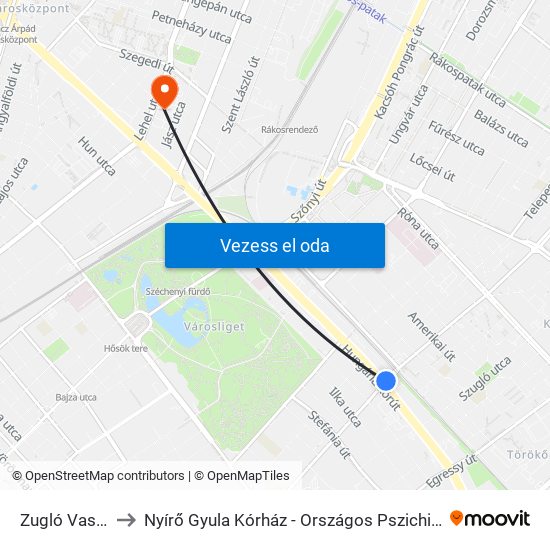 Zugló Vasútállomás to Nyírő Gyula Kórház - Országos Pszichiátriai És Addiktológiai Intézet map
