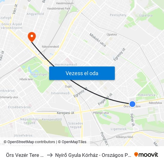 Örs Vezér Tere M+H (Kerepesi Út) to Nyírő Gyula Kórház - Országos Pszichiátriai És Addiktológiai Intézet map