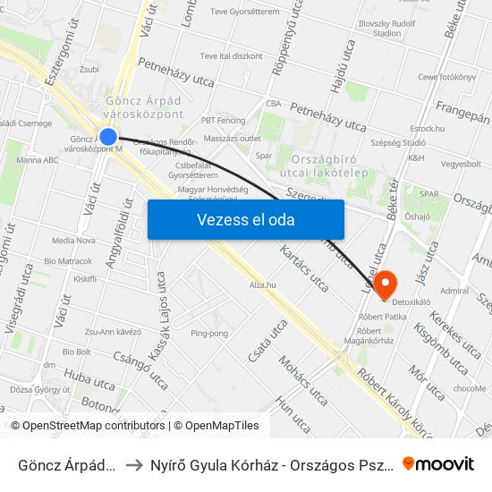 Göncz Árpád Városközpont to Nyírő Gyula Kórház - Országos Pszichiátriai És Addiktológiai Intézet map