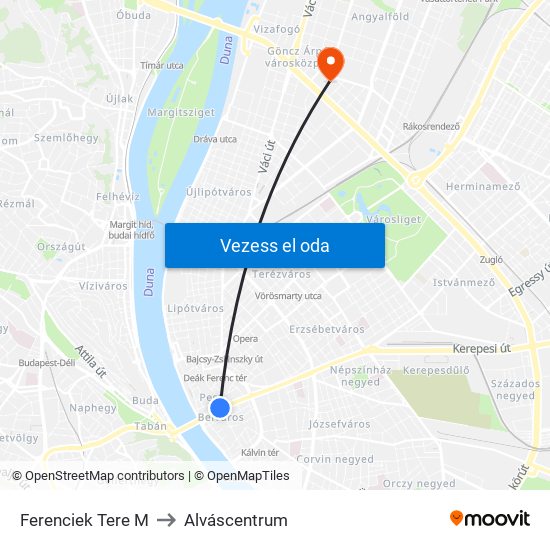 Ferenciek Tere M to Alváscentrum map