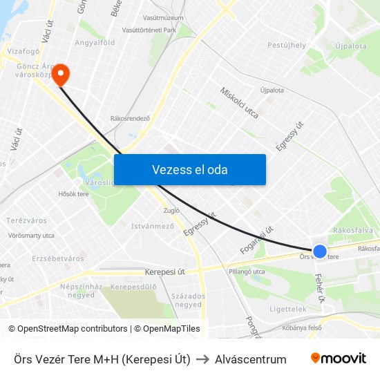 Örs Vezér Tere M+H (Kerepesi Út) to Alváscentrum map