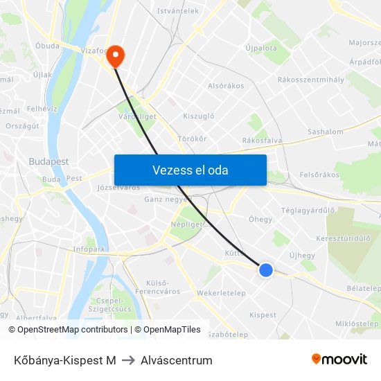 Kőbánya-Kispest M to Alváscentrum map