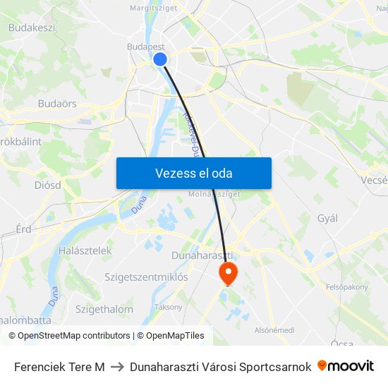 Ferenciek Tere M to Dunaharaszti Városi Sportcsarnok map