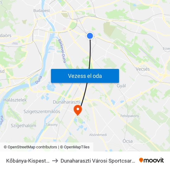 Kőbánya-Kispest M to Dunaharaszti Városi Sportcsarnok map