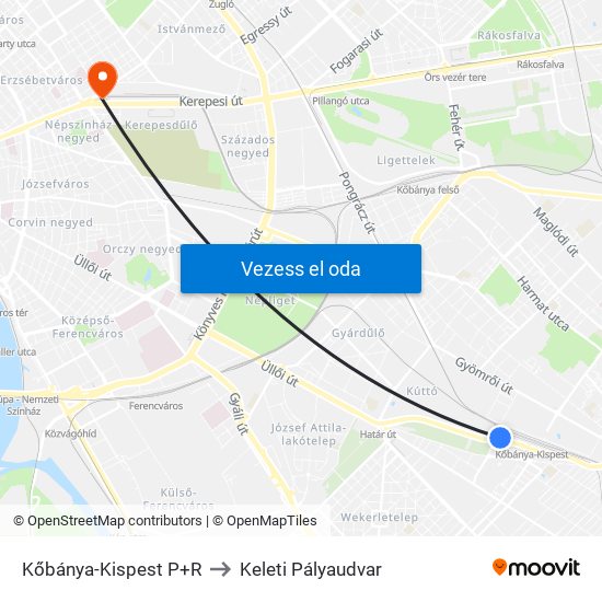 Kőbánya-Kispest P+R to Keleti Pályaudvar map