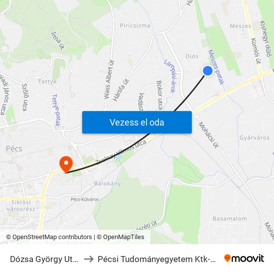 Dózsa György Utca to Pécsi Tudományegyetem Ktk-Ájk map