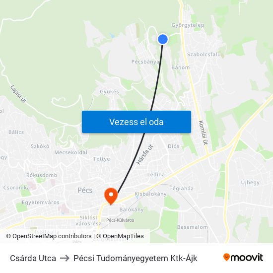 Csárda Utca to Pécsi Tudományegyetem Ktk-Ájk map