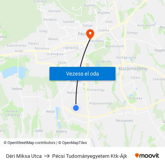 Déri Miksa Utca to Pécsi Tudományegyetem Ktk-Ájk map