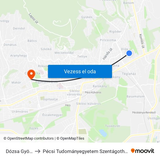 Dózsa György Utca to Pécsi Tudományegyetem Szentágothai János Kutatóközpont map