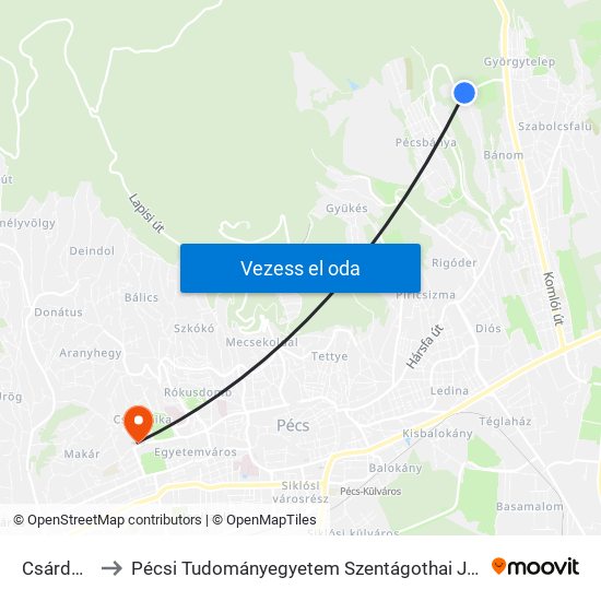 Csárda Utca to Pécsi Tudományegyetem Szentágothai János Kutatóközpont map
