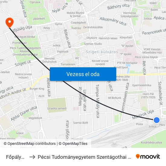 Főpályaudvar to Pécsi Tudományegyetem Szentágothai János Kutatóközpont map