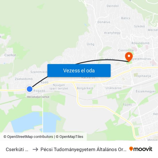 Cserkúti Csárda to Pécsi Tudományegyetem Általános Orvostudományi Kar map