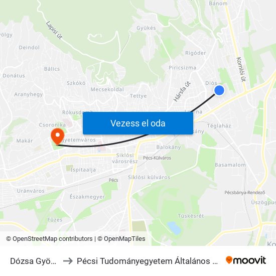 Dózsa György Utca to Pécsi Tudományegyetem Általános Orvostudományi Kar map