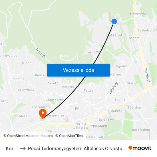 Kórház to Pécsi Tudományegyetem Általános Orvostudományi Kar map