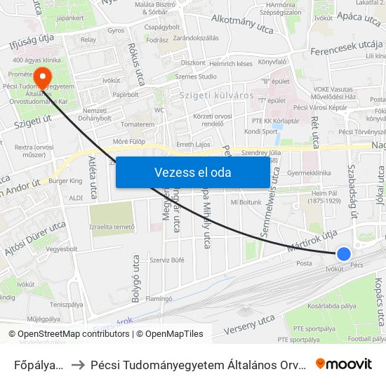 Főpályaudvar to Pécsi Tudományegyetem Általános Orvostudományi Kar map