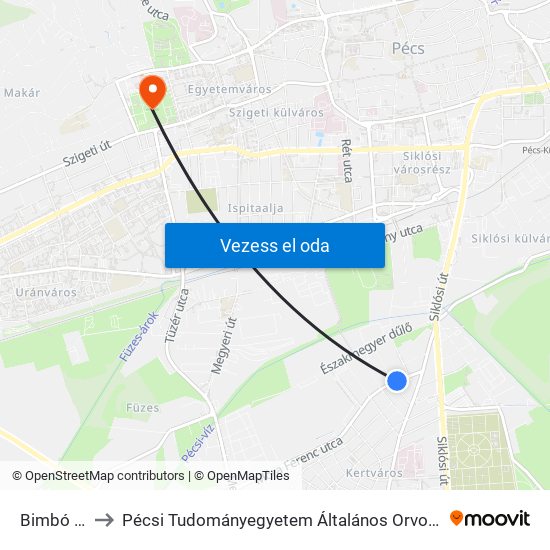 Bimbó Utca to Pécsi Tudományegyetem Általános Orvostudományi Kar map