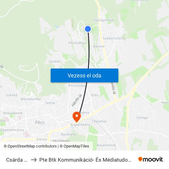 Csárda Utca to Pte Btk Kommunikáció- És Médiatudományi Tanszék map