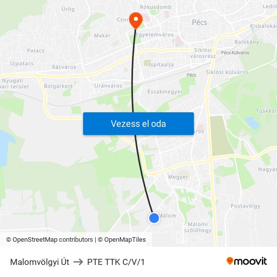 Malomvölgyi Út to PTE TTK C/V/1 map