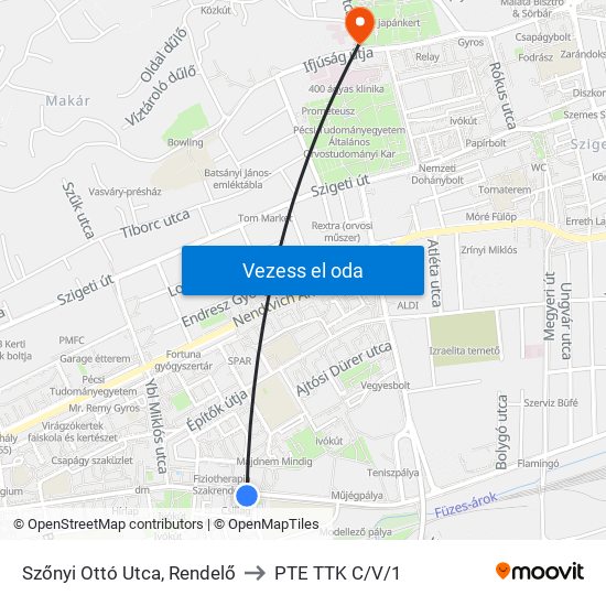 Szőnyi Ottó Utca, Rendelő to PTE TTK C/V/1 map