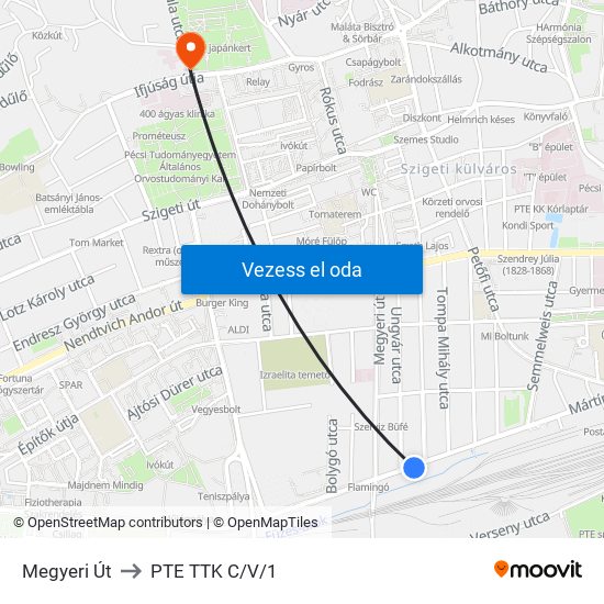 Megyeri Út to PTE TTK C/V/1 map