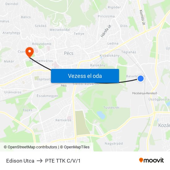 Edison Utca to PTE TTK C/V/1 map