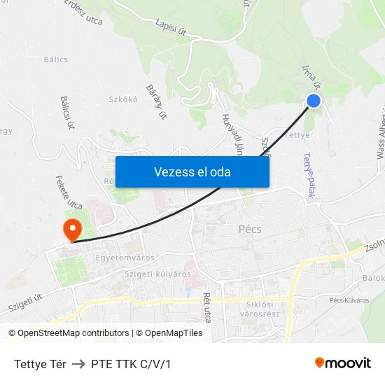 Tettye Tér to PTE TTK C/V/1 map