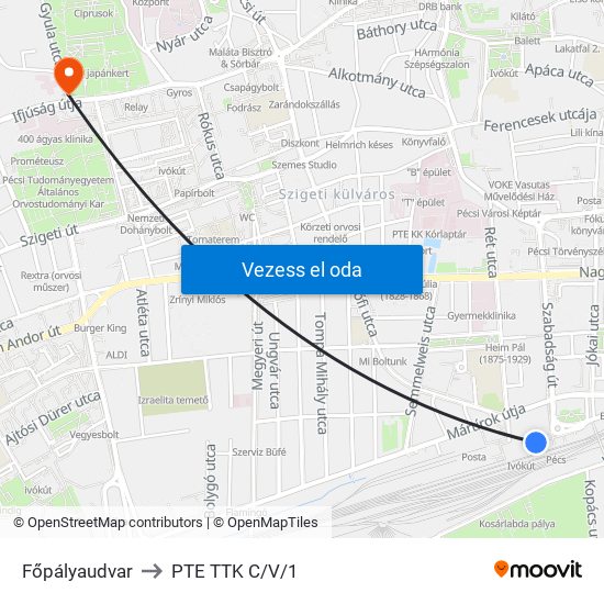 Főpályaudvar to PTE TTK C/V/1 map