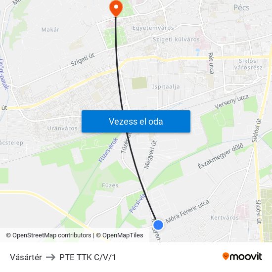 Vásártér to PTE TTK C/V/1 map