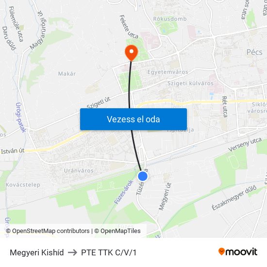 Megyeri Kishíd to PTE TTK C/V/1 map