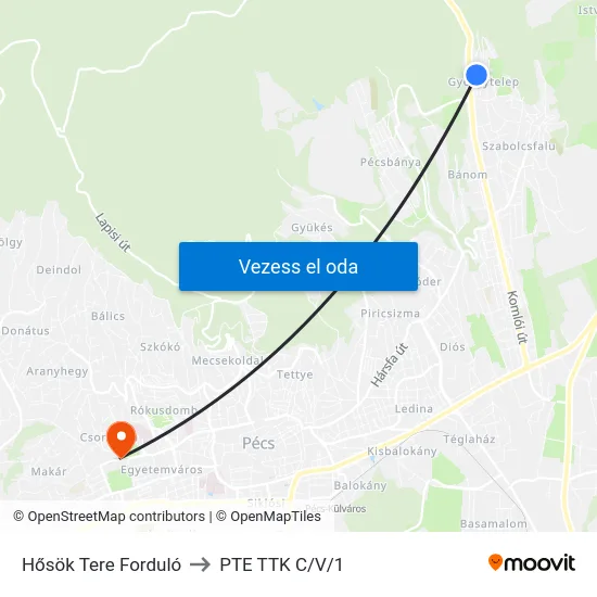 Hősök Tere Forduló to PTE TTK C/V/1 map