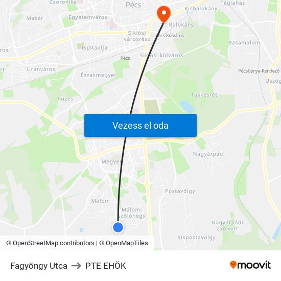 Fagyöngy Utca to PTE EHÖK map