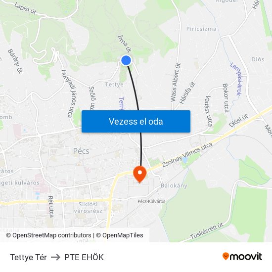 Tettye Tér to PTE EHÖK map