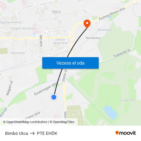 Bimbó Utca to PTE EHÖK map