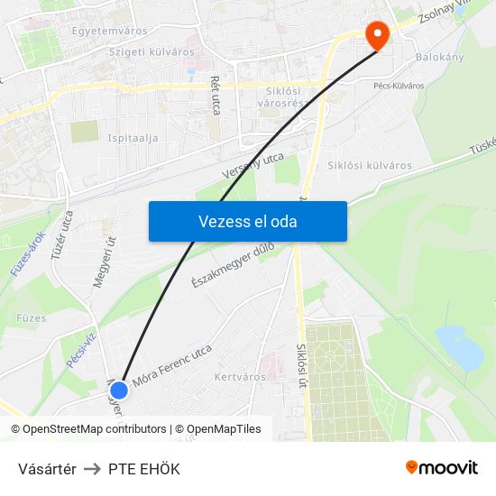 Vásártér to PTE EHÖK map