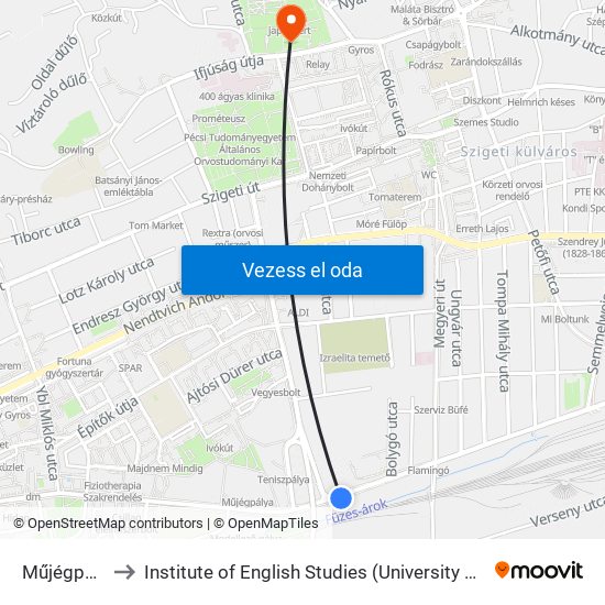 Műjégpálya to Institute of English Studies (University of Pécs) map