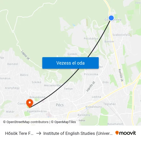 Hősök Tere Forduló to Institute of English Studies (University of Pécs) map
