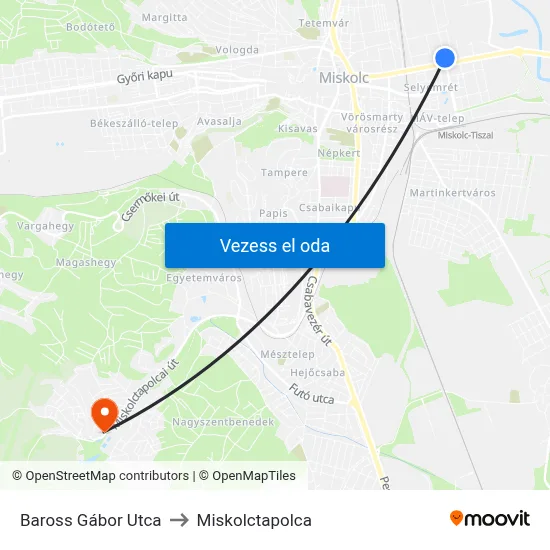 Baross Gábor Utca to Miskolctapolca map