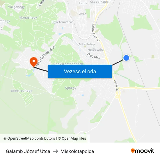 Galamb József Utca to Miskolctapolca map