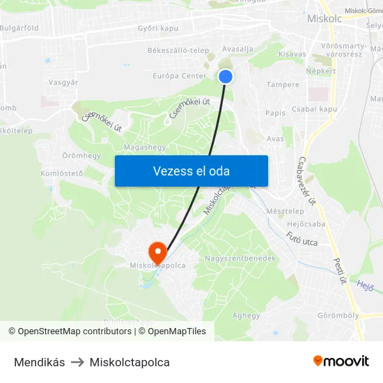 Mendikás to Miskolctapolca map