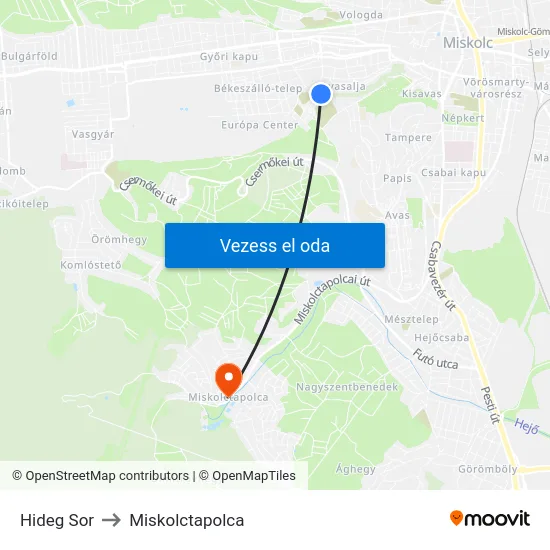 Hideg Sor to Miskolctapolca map