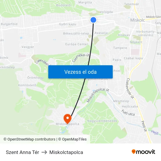 Szent Anna Tér to Miskolctapolca map