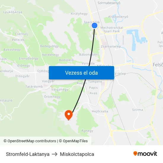 Stromfeld-Laktanya to Miskolctapolca map
