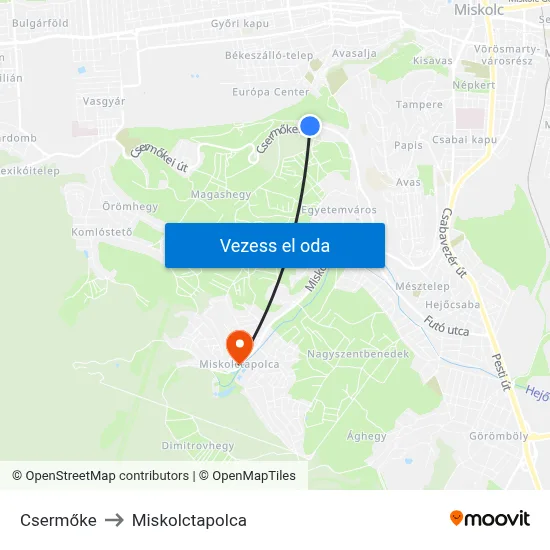 Csermőke to Miskolctapolca map