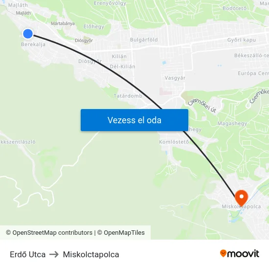 Erdő Utca to Miskolctapolca map